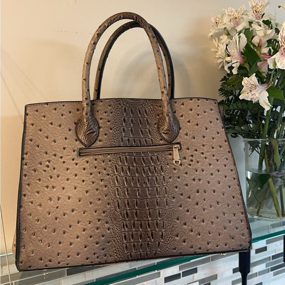 Taupe Ostrich Look Satchel Handbag and Wristlet - Picture 2 of 8